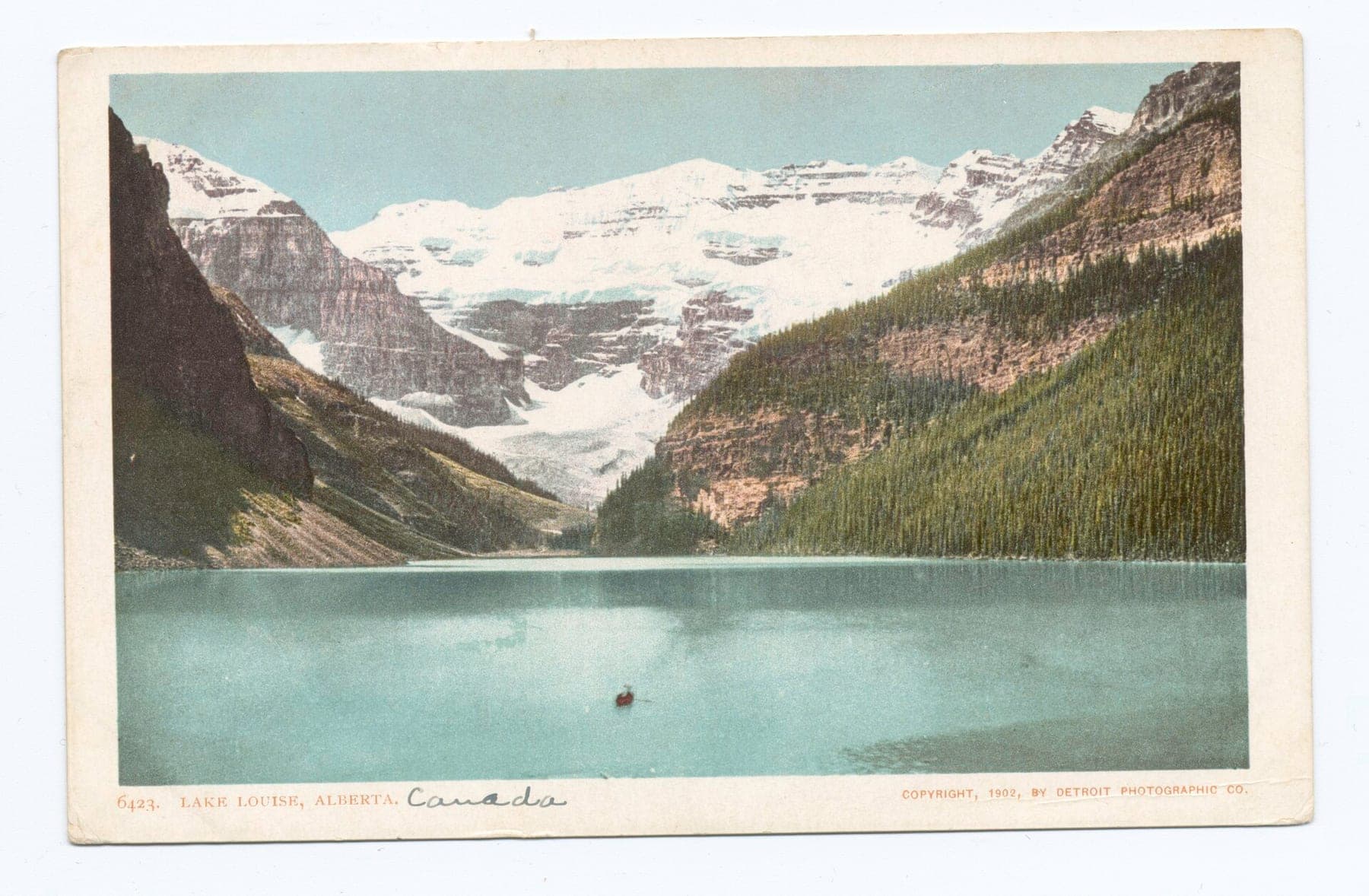 Lake Louise from the first chalet, on a postcard issued about 1902