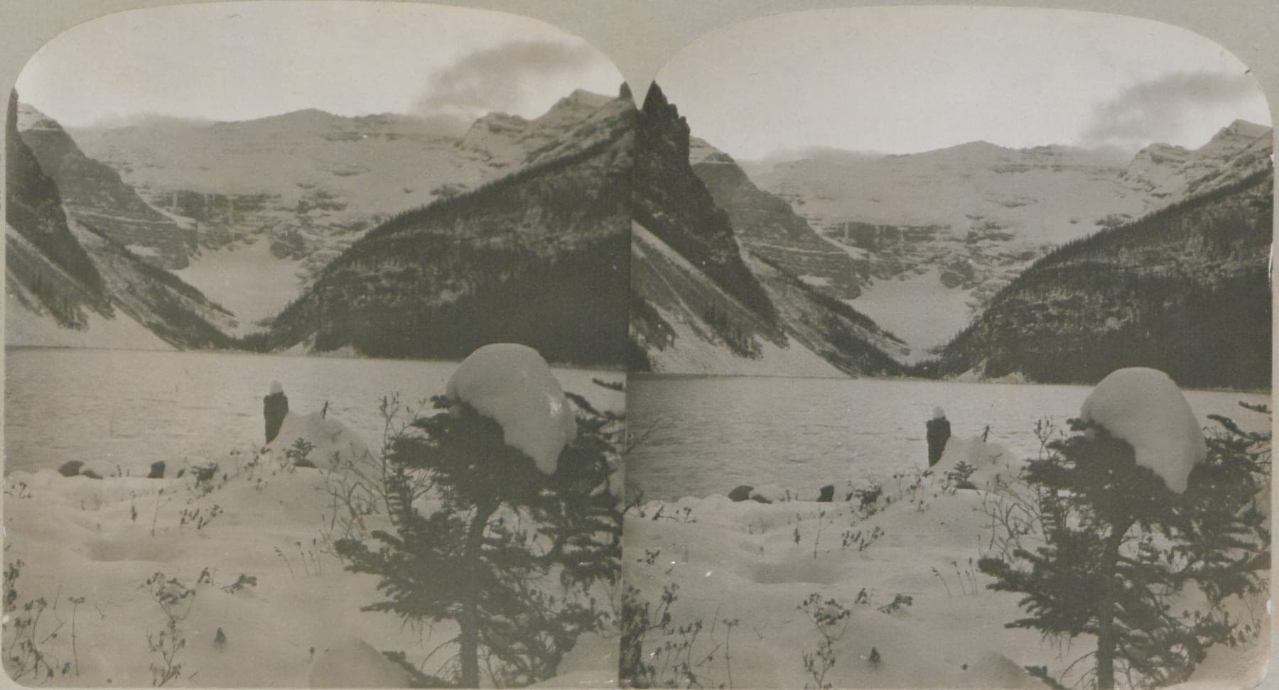 Lake Louise in winter, photographed by Byron Harmon in 1908