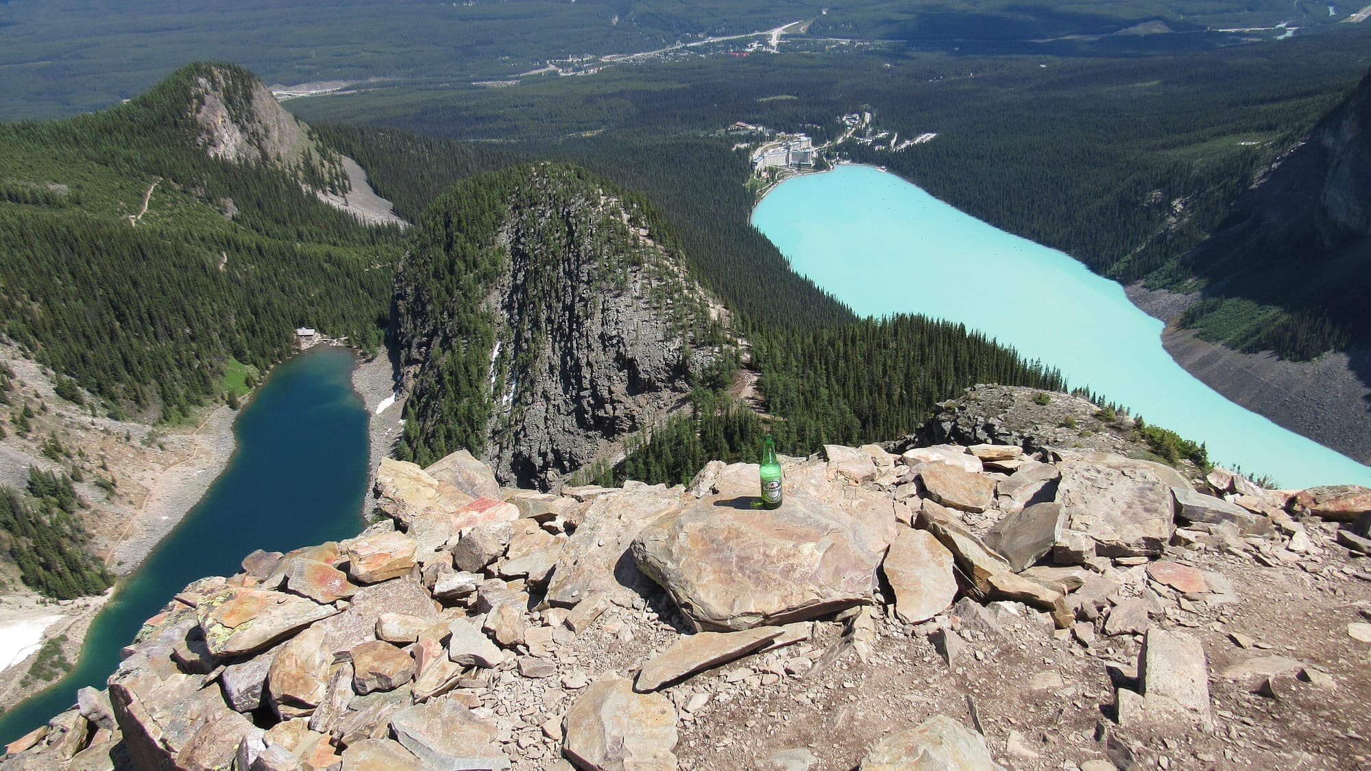 Lake Louise and Lake Agnes seen from Devil's Thumb